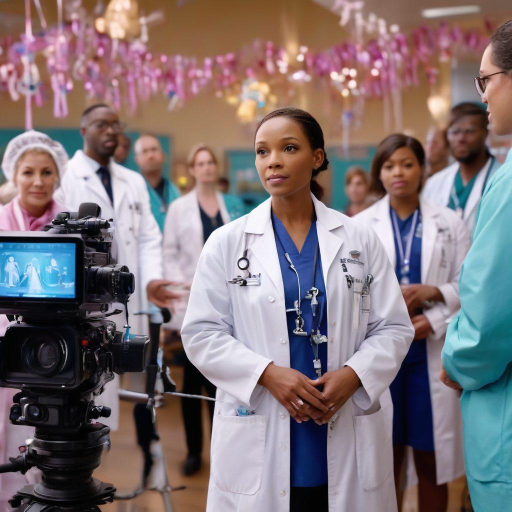 An inspiring film crew on a vibrant set, surrounded by medical symbols and cancer awareness ribbons, capturing the essence of storytelling in healthcare. Focus on a director passionately directing actors while diverse crew members operate cameras and lights. Include scenes of community engagement and hope. super-realistic. vibrant colors. motivational atmosphere.