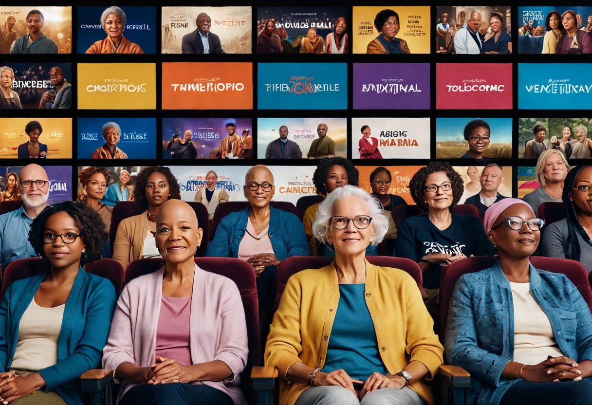 A powerful collage portraying a diverse group of cancer survivors watching a motivational film together in a cozy theater, their expressions of hope and determination illuminated by the glowing screen. In the foreground, film reels and awareness ribbons intertwine, symbolizing cinema's impact on advocacy. The background features vibrant posters of inspiring cancer-related movies. The atmosphere is warm and inviting, showcasing the emotional connection between film and healing. super-realistic. vibrant colors. cozy ambiance.