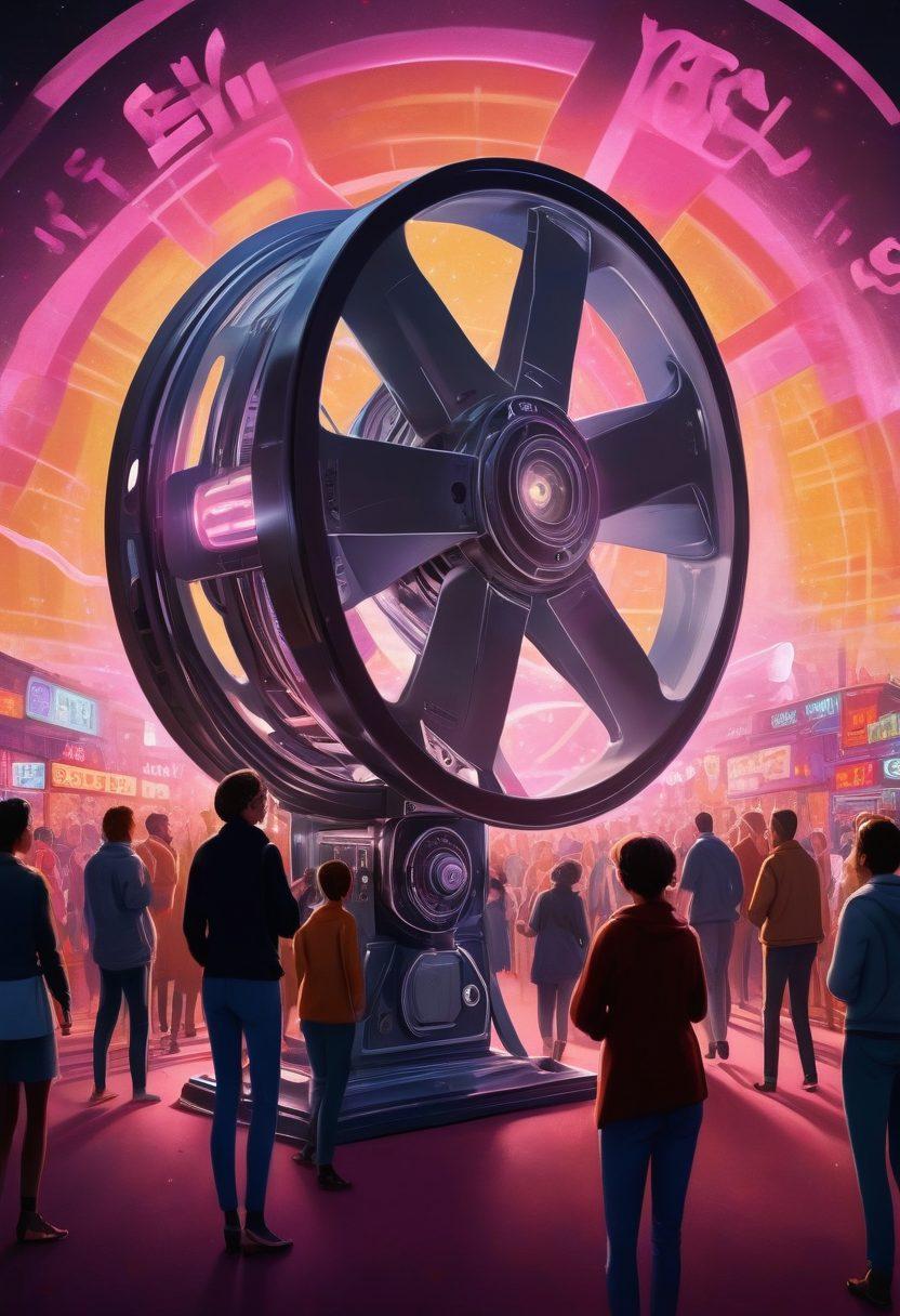 A captivating scene featuring a vintage movie projector casting a bright light onto a film reel that showcases iconic cancer awareness symbols like ribbons and supportive communities. In the background, a diverse group of people are seen embracing and raising awareness about cancer, surrounded by vibrant film posters. The atmosphere is hopeful and inspiring, reflecting the power of cinema in bringing people together. super-realistic. vibrant colors. illustrative style.